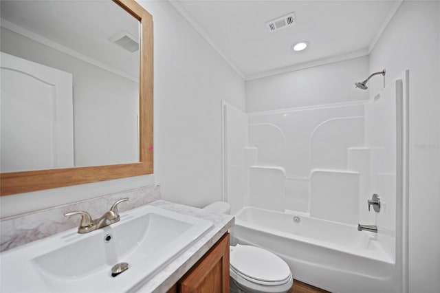 full bathroom with vanity, toilet, shower / tub combination, and ornamental molding