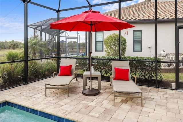 sunroom / solarium with a swimming pool