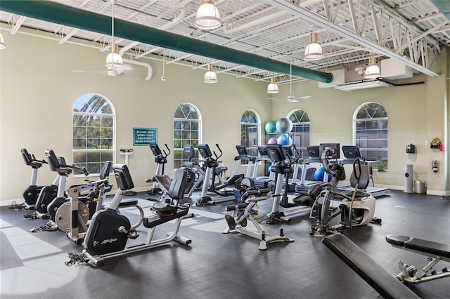 workout area featuring a towering ceiling