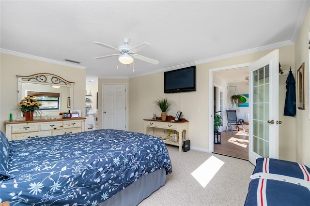 bedroom featuring carpet flooring, french doors, ceiling fan, and ornamental molding