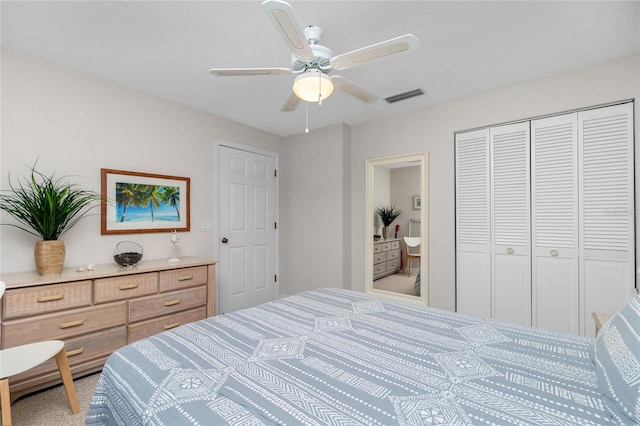 bedroom with ceiling fan and a closet