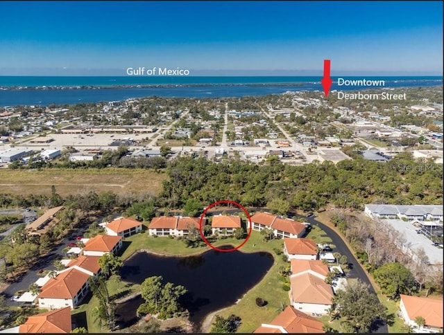 aerial view featuring a water view