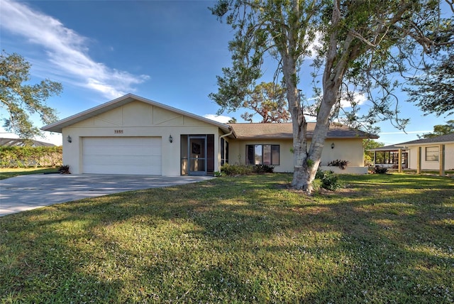 ranch-style house with a front yard and a garage