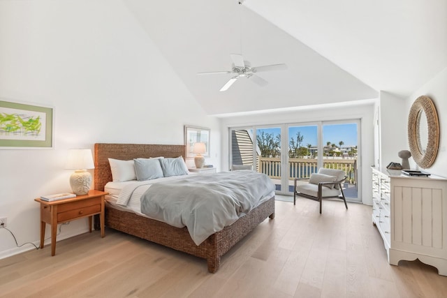 bedroom with light wood-style flooring, high vaulted ceiling, a ceiling fan, and access to outside