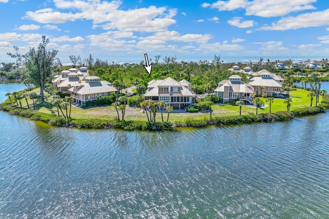 aerial view featuring a residential view and a water view