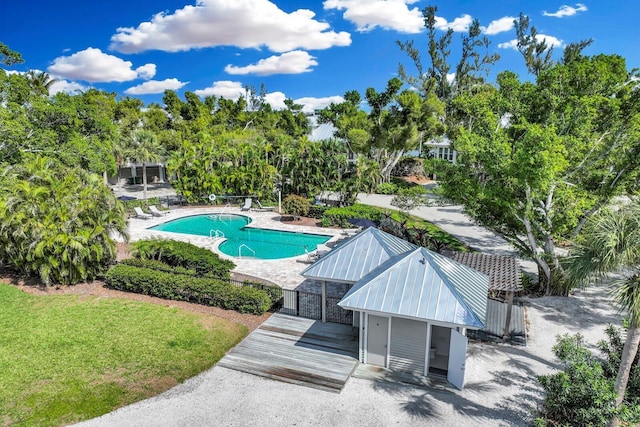 pool featuring a patio area and a lawn