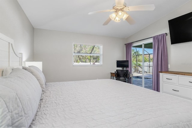 bedroom featuring ceiling fan, access to exterior, and vaulted ceiling