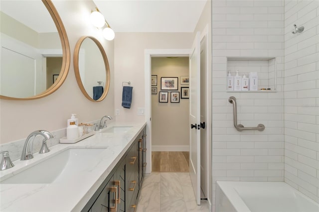 bathroom featuring plus walk in shower and vanity