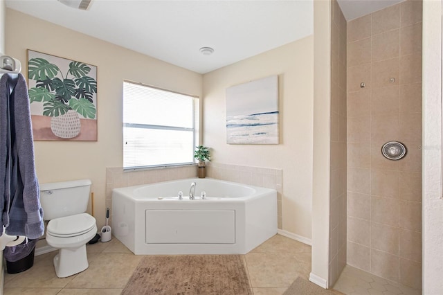 bathroom with separate shower and tub, tile patterned flooring, and toilet