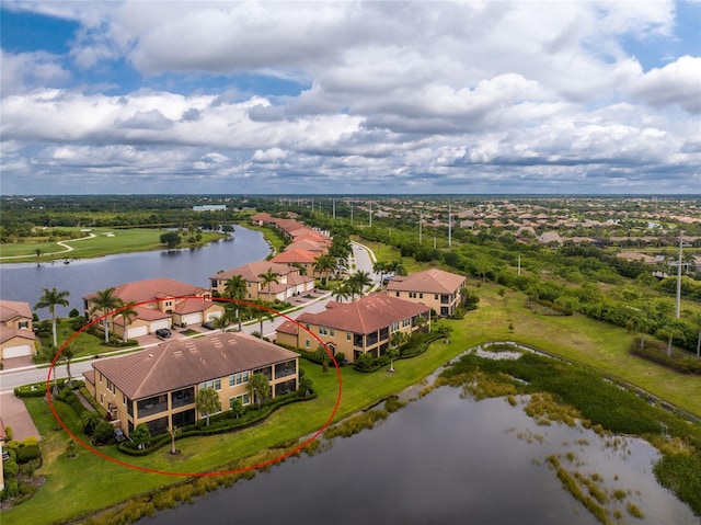 aerial view featuring a water view