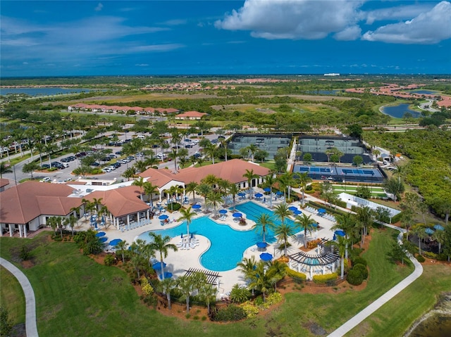 drone / aerial view with a water view