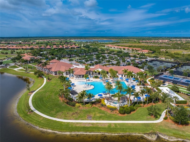 aerial view featuring a water view