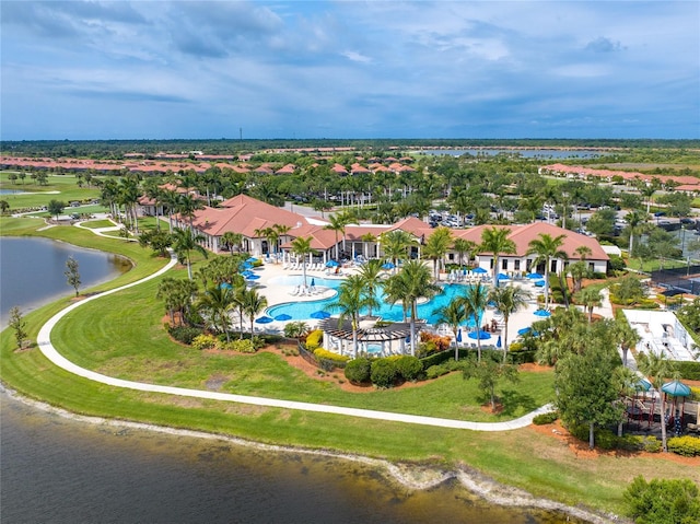 drone / aerial view with a water view