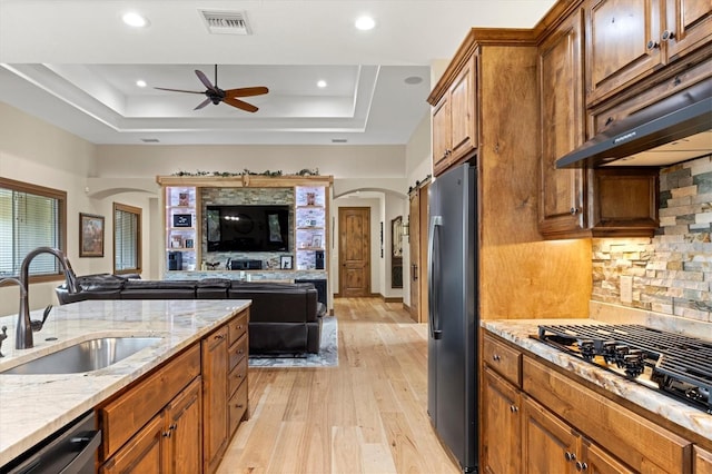 kitchen featuring sink, a raised ceiling, light stone counters, light hardwood / wood-style floors, and appliances with stainless steel finishes