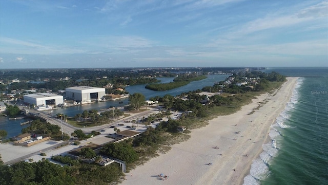 bird's eye view with a view of the beach and a water view