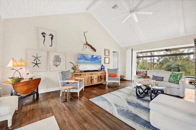 living room with vaulted ceiling with beams and ceiling fan