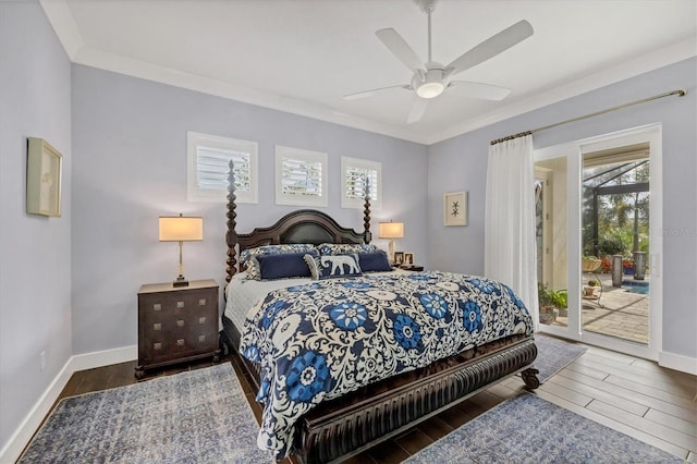 bedroom with ceiling fan, dark hardwood / wood-style flooring, access to exterior, and crown molding