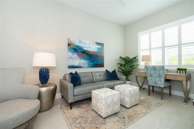 living room featuring light tile patterned flooring