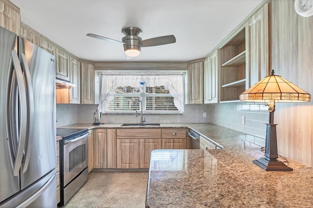 kitchen featuring ceiling fan, sink, stainless steel appliances, backsplash, and light brown cabinetry