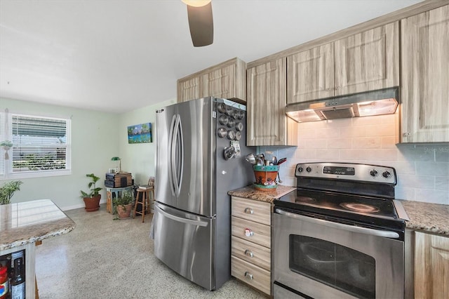 kitchen featuring ceiling fan, light brown cabinets, backsplash, and appliances with stainless steel finishes