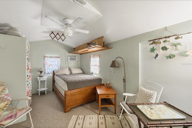 bedroom featuring ceiling fan, a wall mounted air conditioner, light carpet, and vaulted ceiling