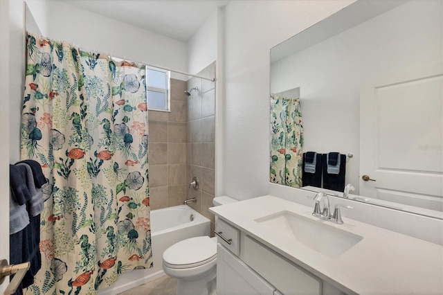 full bath featuring toilet, shower / tub combo with curtain, and vanity