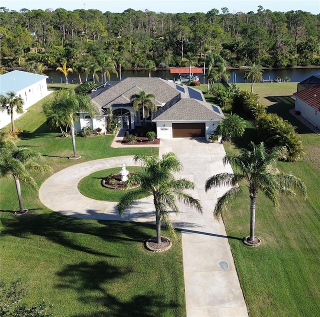 aerial view featuring a water view