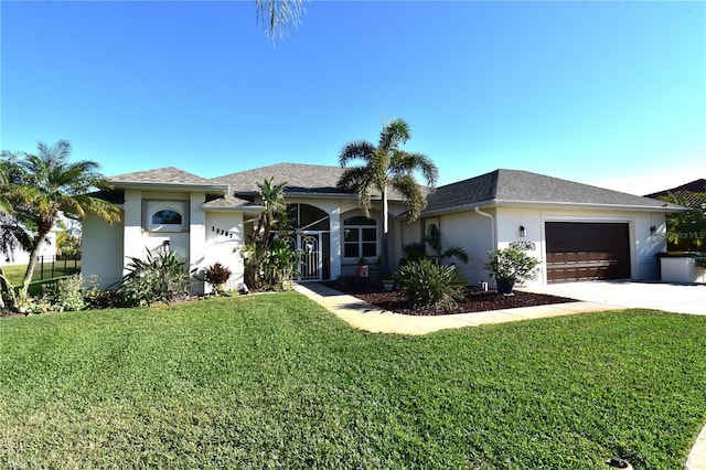 ranch-style house featuring a front yard and a garage