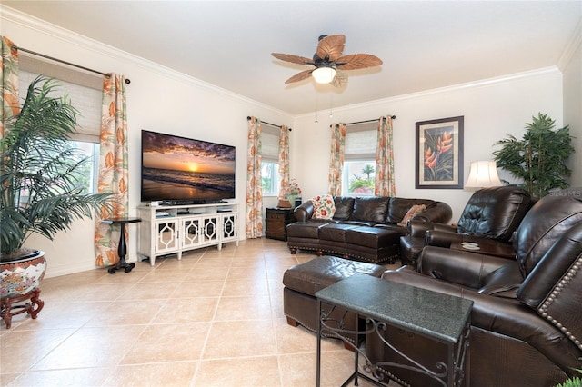 tiled living room featuring ceiling fan and ornamental molding