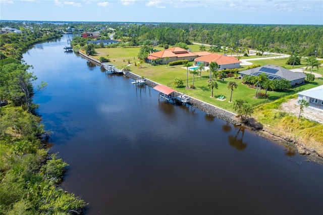 drone / aerial view featuring a water view and a view of trees