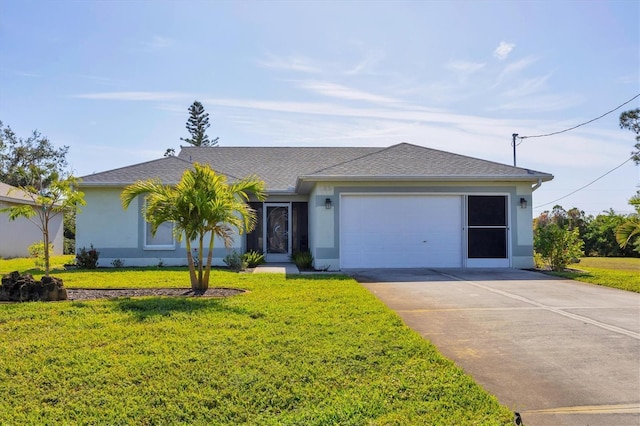 single story home with a garage and a front lawn