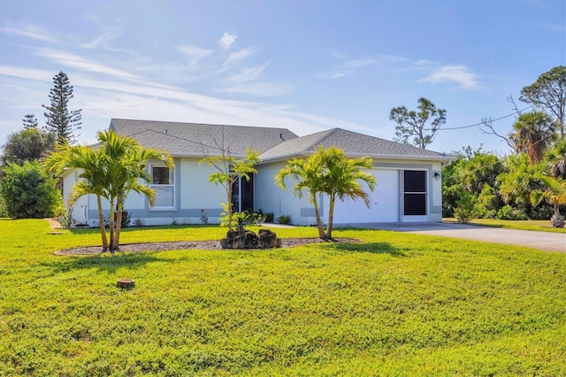 ranch-style house featuring a garage and a front lawn