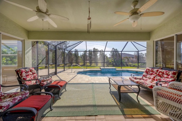 exterior space with an outdoor living space, glass enclosure, and ceiling fan