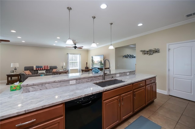 kitchen with light stone countertops, pendant lighting, black dishwasher, sink, and ceiling fan