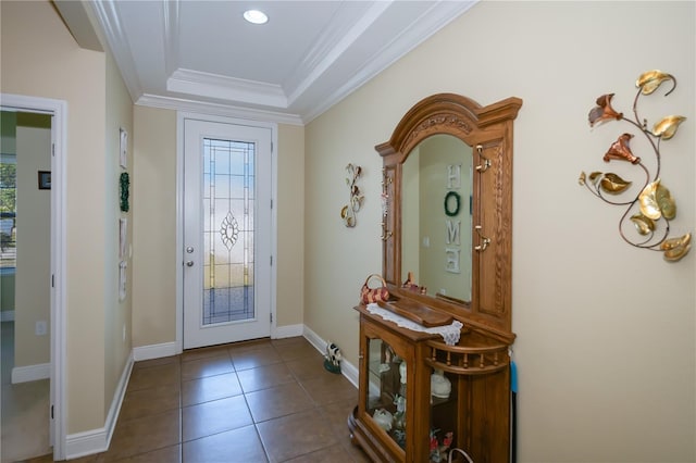 tiled entryway with crown molding