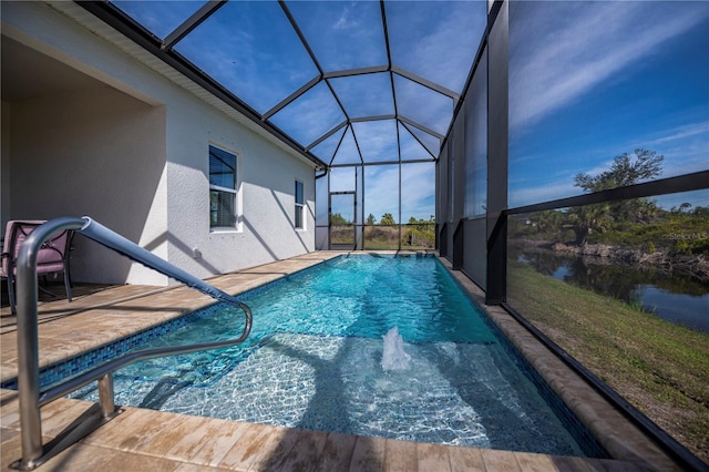 view of pool featuring a lanai, a water view, and a patio