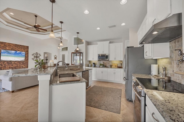 kitchen with pendant lighting, exhaust hood, white cabinets, a tray ceiling, and stainless steel appliances