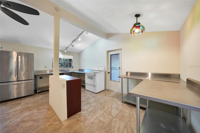 kitchen featuring stainless steel counters, white range with electric stovetop, kitchen peninsula, lofted ceiling with beams, and stainless steel refrigerator