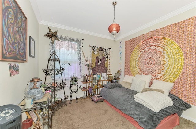 bedroom featuring carpet flooring and ornamental molding