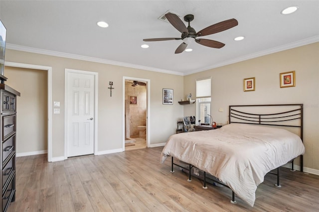 bedroom with ceiling fan, light wood-type flooring, ornamental molding, and ensuite bath