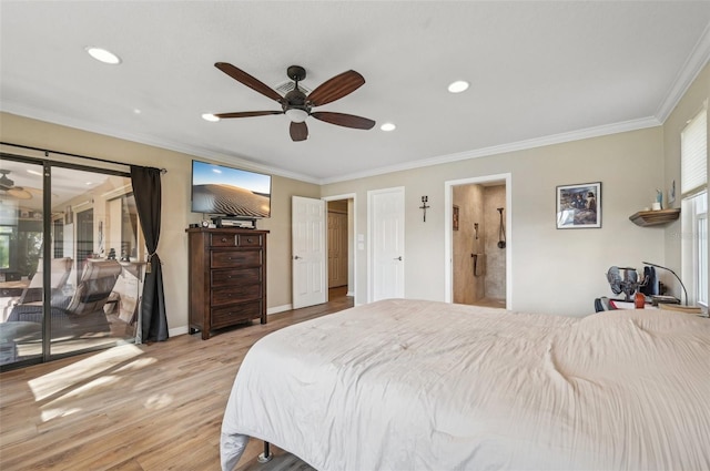 bedroom featuring access to exterior, ceiling fan, light hardwood / wood-style floors, and ornamental molding