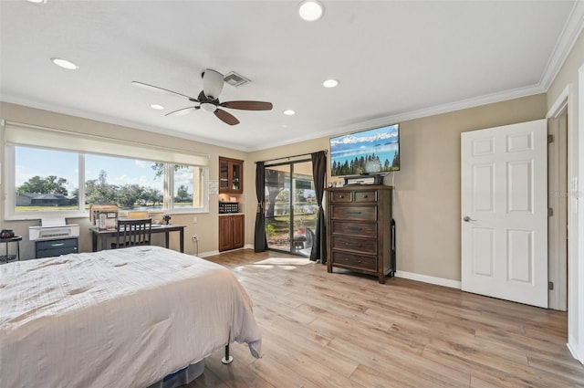 bedroom featuring access to outside, ceiling fan, light hardwood / wood-style flooring, and ornamental molding