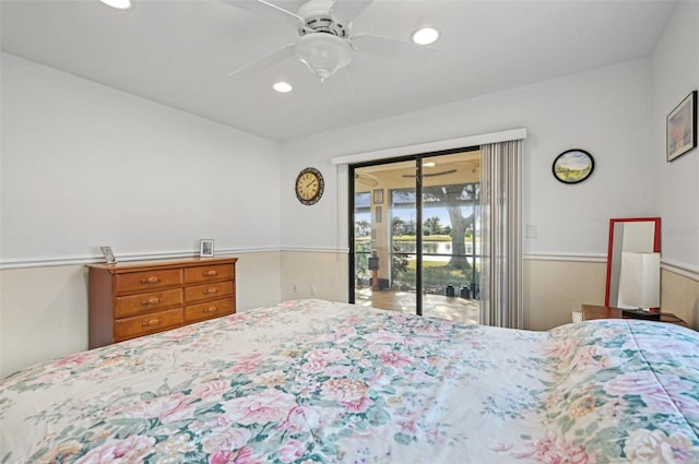 bedroom featuring access to outside and ceiling fan