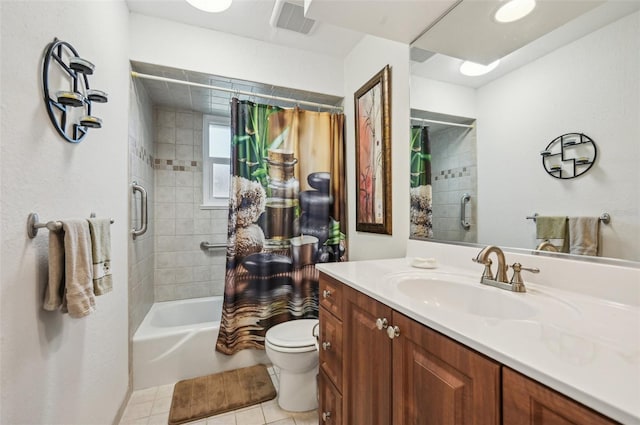 full bathroom with toilet, shower / tub combo, vanity, and tile patterned floors