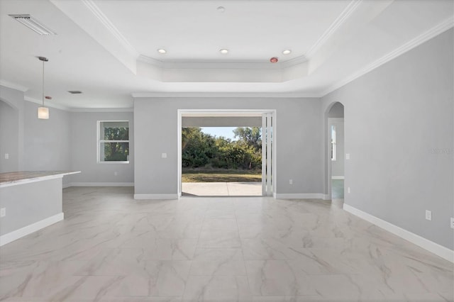 empty room featuring a raised ceiling, plenty of natural light, and crown molding