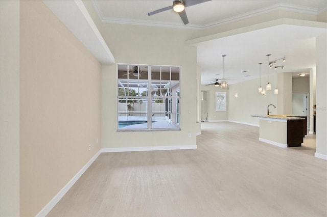 empty room with a wealth of natural light, sink, light hardwood / wood-style floors, and ornamental molding