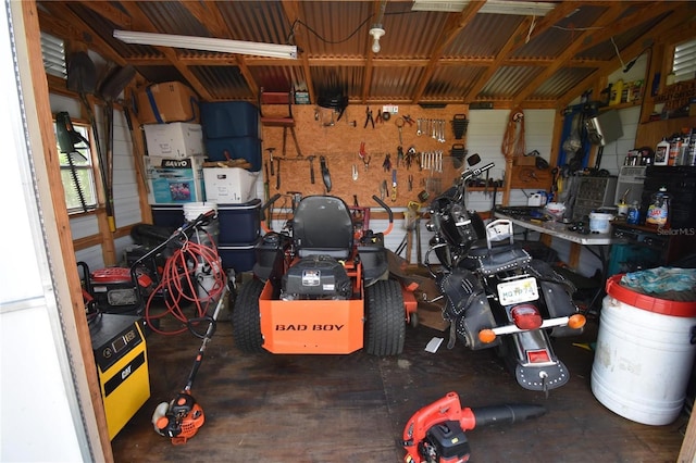 garage with a workshop area