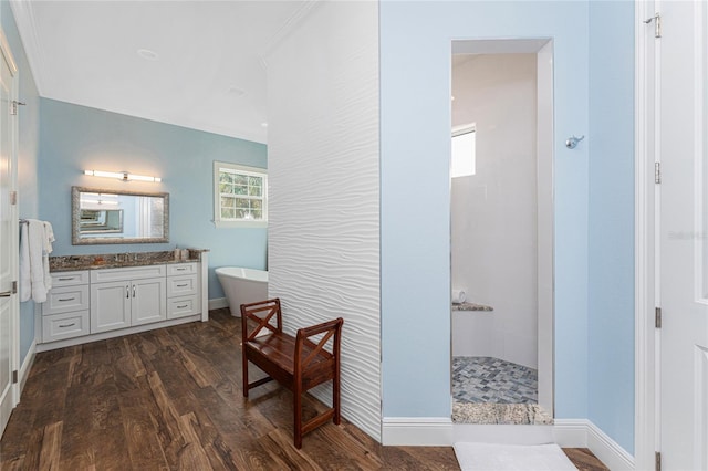 bathroom featuring vanity, a wealth of natural light, hardwood / wood-style floors, and plus walk in shower