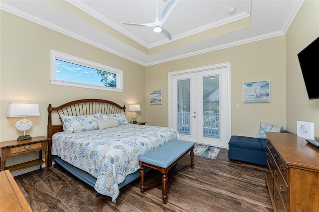 bedroom featuring access to exterior, french doors, ceiling fan, and crown molding