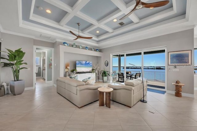 living room with ceiling fan, coffered ceiling, beamed ceiling, a towering ceiling, and ornamental molding